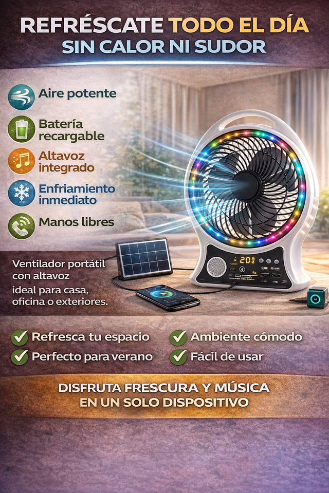 Ventilador Solar Portátil con Altavoz