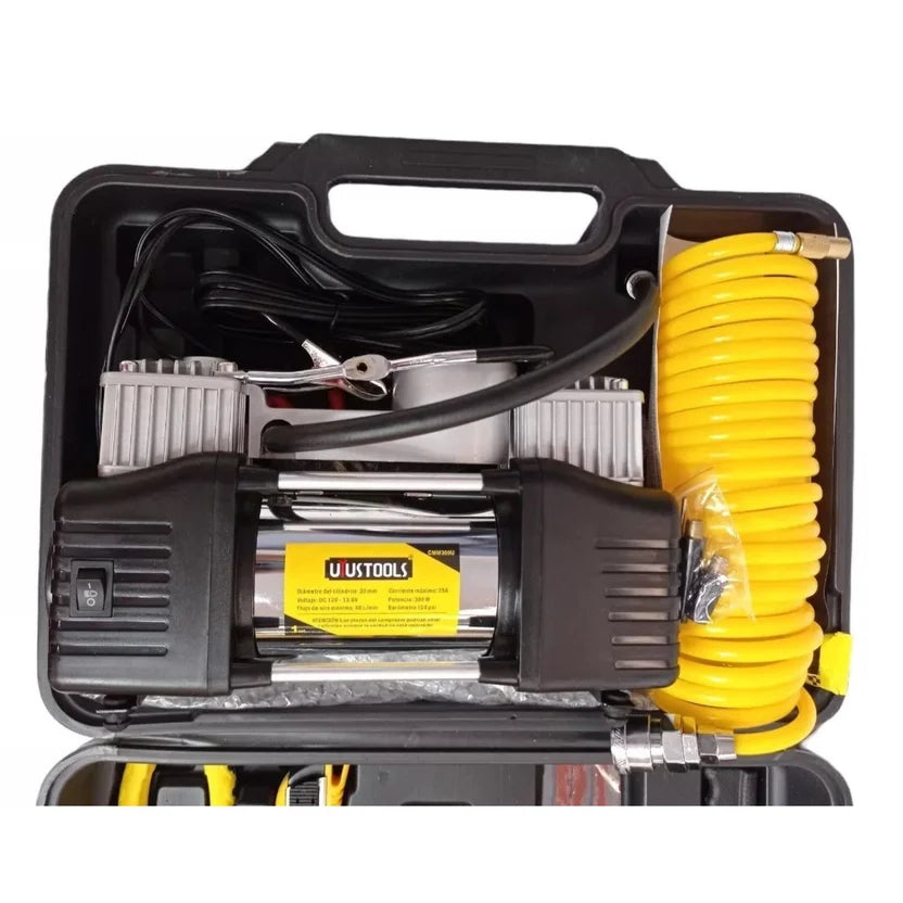 Nuevo MINI COMPRESOR DOBLE PISTÓN 12V + HERRAMIENTAS